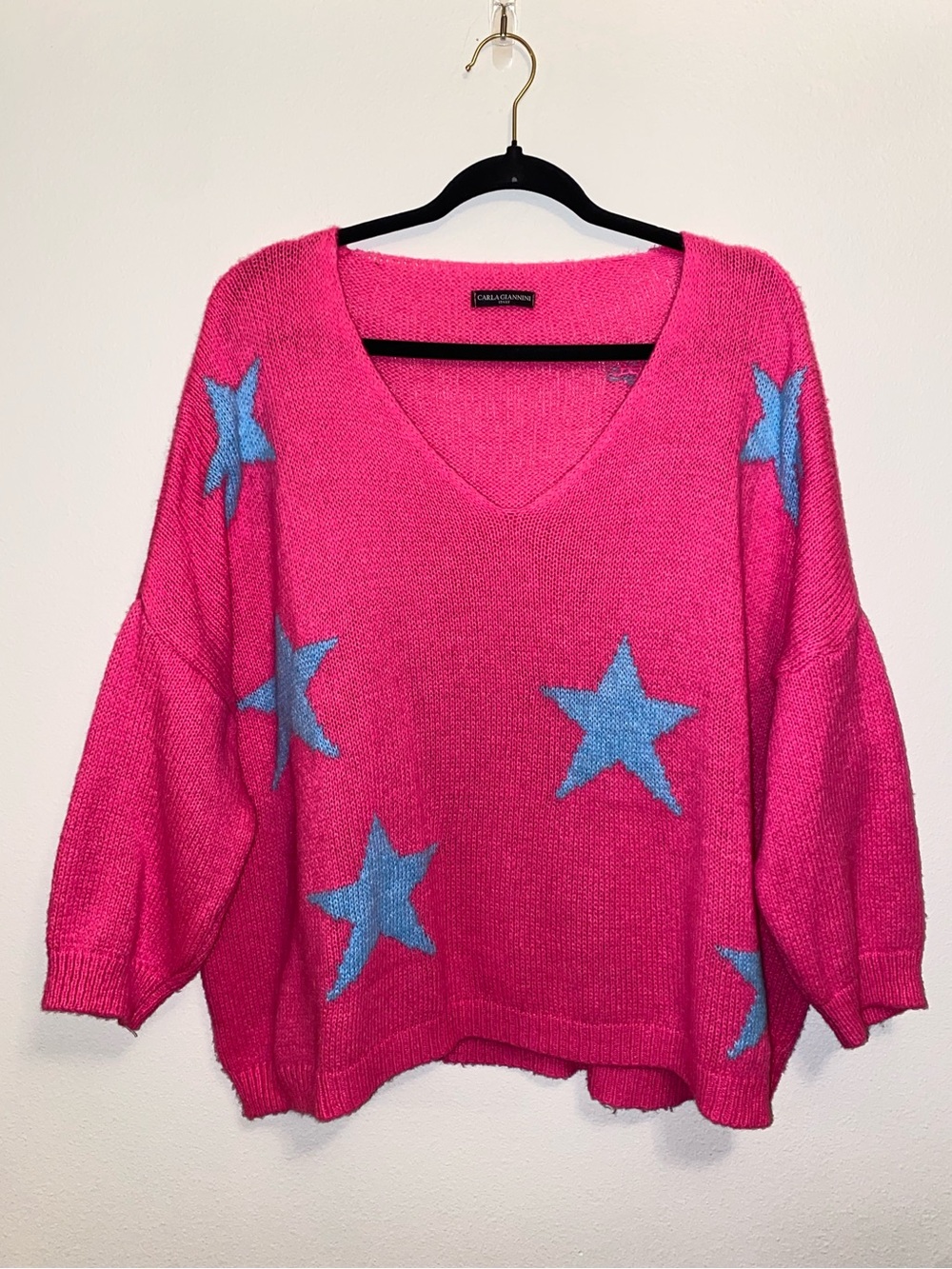 Carla Giannini Made in Italy Pink Star V-Neck Sweater Oversized One Size
